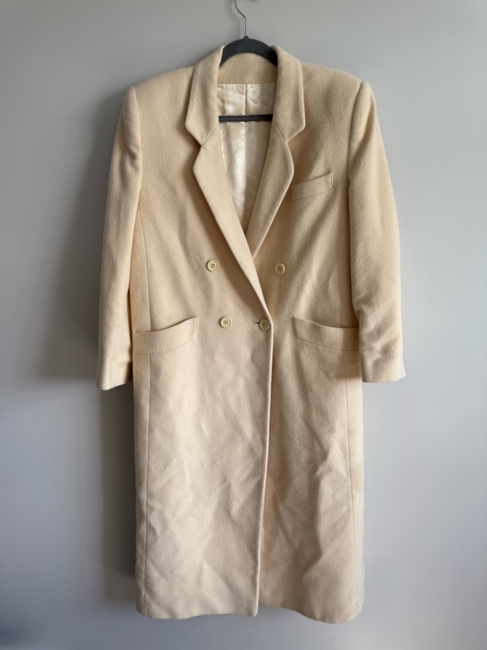 Vtg 90s Fleurette of California 100% Cashmere Cream Long Coat Double Breasted L - Picture 2 of 6